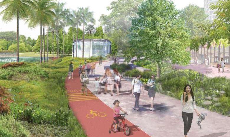 Developments within the Kampong Bugis precinct will be in a park-like environment, with seamless pedestrian and cyclist connector